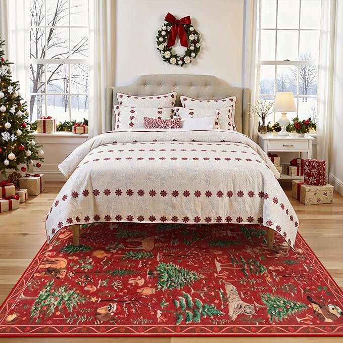OJIA Christmas Rugs 5x7 Washable Rugs for Living Room, Xmas Red Holiday Rug Soft Animal Bedroom Carpet Ultra-Thin Entryway Rug, Non-Slip Throw Carpet for Kids Nursery Playroom Dining Room