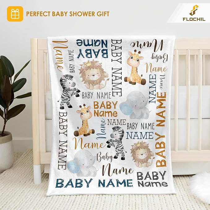 FLOCHIL Personalized Baby Blankets, Custom Baby Blanket - Baby Blanket with Name for Boys, Best Gift for Newborn Elephants Flush Fleece (30x40) (Monogram)