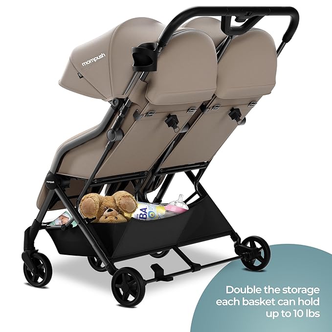 Mompush Lithe Double Stroller, Lightweight Side by Side Stroller for Newborn and Toddler, Easy Fold, Spacious Seats with Recline, UPF50+ Canopy