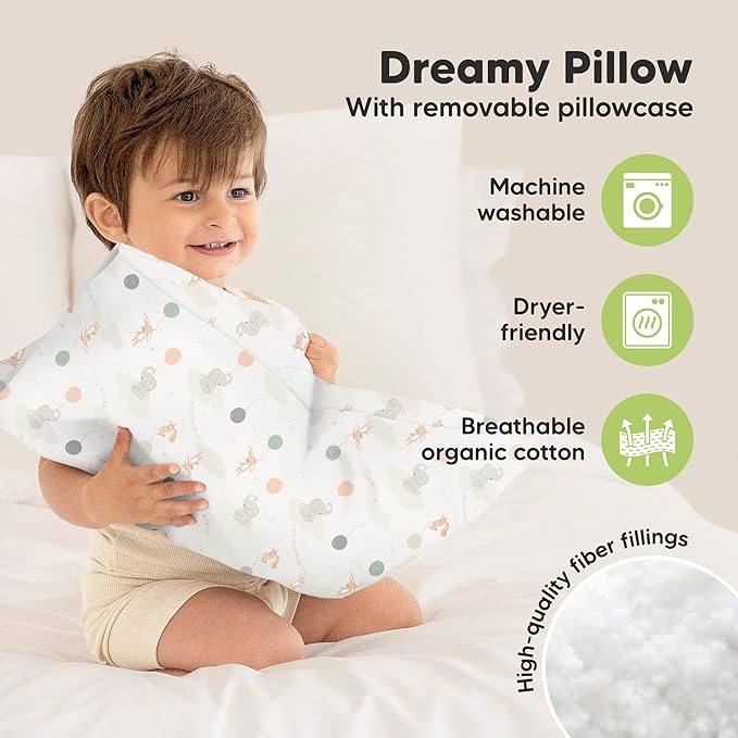 Toddler Pillow with Pillowcase - 13x18 My Little Dreamy Kids Travel Bed Pillows for Sleeping, Organic Cotton Small Pillowcase, Soft & Breathable, Machine Washable, Toddlers 2-5 Years Old (Escapade)