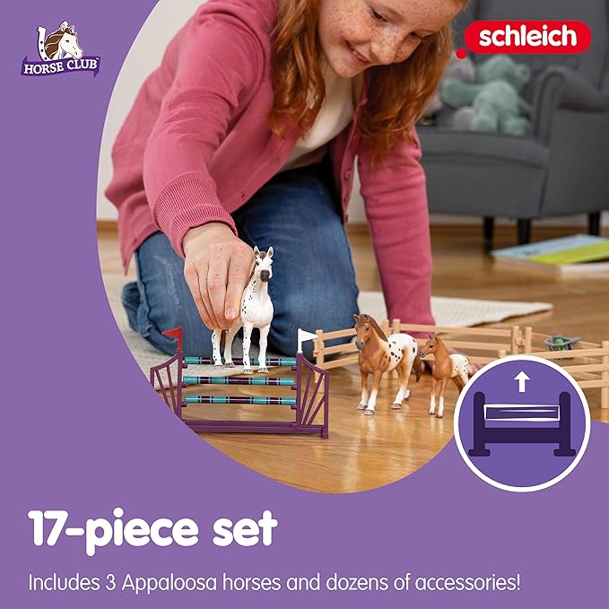 Schleich Horse Club - 17PC - Lisa's Tournament Training Horse Toy Set with 3 Horses and Accessories - Realistic Stallion, Mare, Foal Figurines for Girls and Boys - Farm Toys for Kids Ages 5+ - 42433