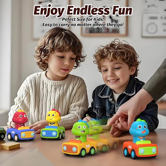 4PCS Big Press and Go Car Toys for Toddlers 1-3,Baby Animal Race Cars with Big Storage Box Infant Toys Push Go Friction Dino Car Learning Toys for Toddlers 1-3