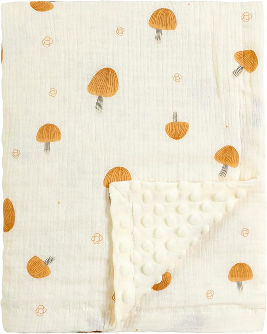 CREVENT 30''X40'' Organic Muslin Cotton Baby Blanket for Newborns, Soft Mink Backing, Essential for Baby Shower Birthday Gift - Mushroom 75X100cm