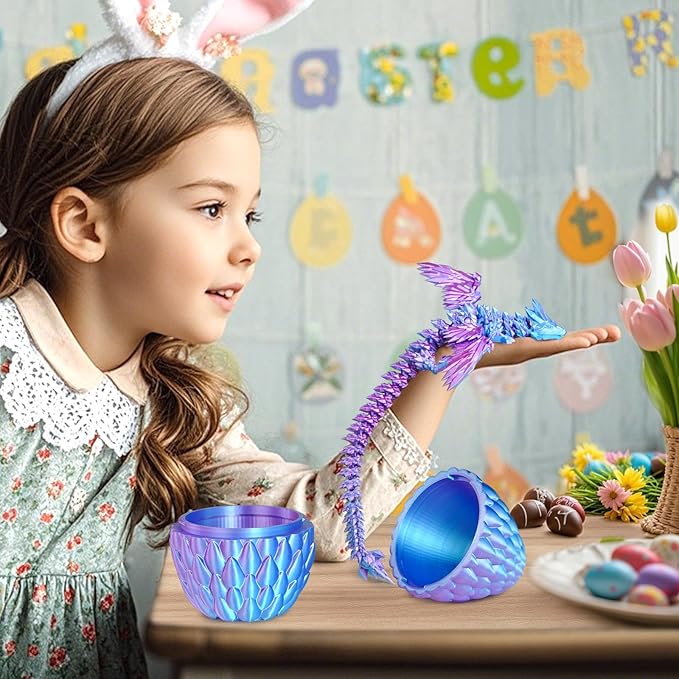 3D Printed Dragon Eggs with Articulated Fly Dragon Inside, Collectible Figurines Fidget Toy for Adults Kids Birthday Easter Christmas White Elephant Gifts for Friends Colleagues(Blue Pink, M size)