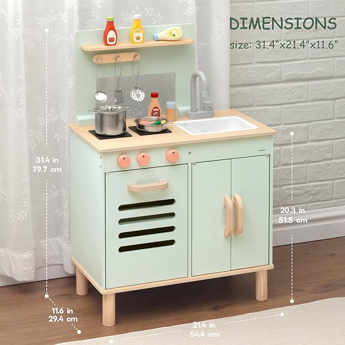 Wooden Play Kitchen Set, Mint Green Stove & Sink with 5 Stainless Steel Tools, Click Knobs, Storage Cabinets, Montessori Toy for Toddlers 3+