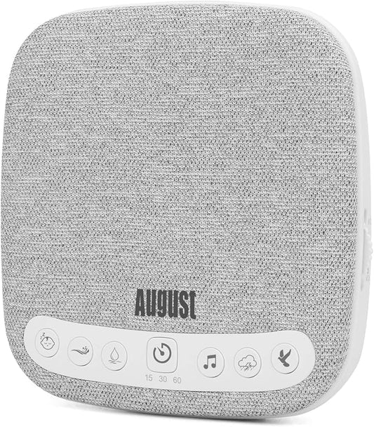 Portable White Noise Sound Machine - August SE160 - Calming, Ambient Sleep Therapy - 14 Soothing Sounds for Babies, Children, Adults - Sleep Aid with Timer - 60-Hour Battery - USB-C Charging - White