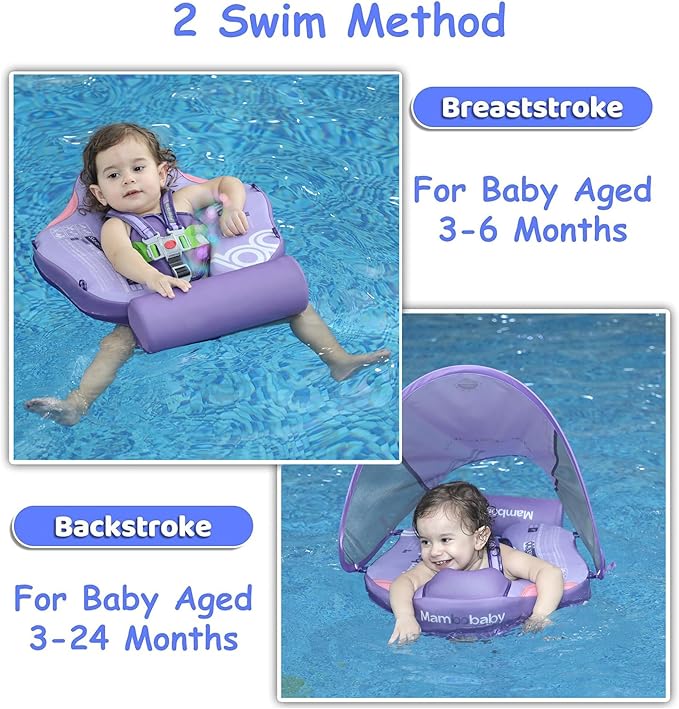 Mambobaby Float Baby Float with Canopy & Tail Non-Inflatable Infant Pool Floats Adjustable Safety Strap Toddler Swim Trainer (Purple)
