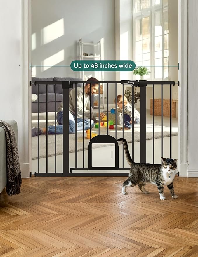 Babelio Upgraded Baby Gate with Cat Door, Auto Close Durable Dog Gate for Stairs, Doorways and House, Easy Walk Thru Safety Gate with Pet Door Includes 4 Wall Cups, 29-48" Wide, 30" Tall, Black