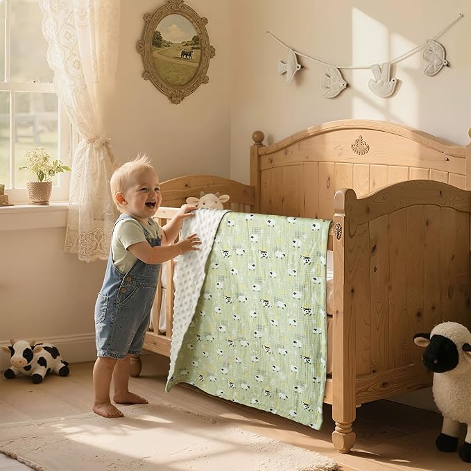 GLLQUEN BABY Blankets for Unisex Newborn Super Soft Nursery Minky Blankets with Muslin Cotton Front and Dotted Fleece Backing, Happy Little Sheep, 30 x 40 inches