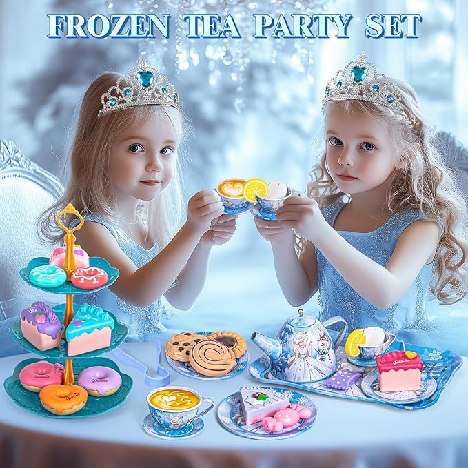 Frozen Tea Party Set for Little Girls, Princess Gift Toy, Kids Pretend Play Tin Tea Set with Teapot, Tea Cups, Food Playset & Carrying Case, Birthday for Girls Age 3+