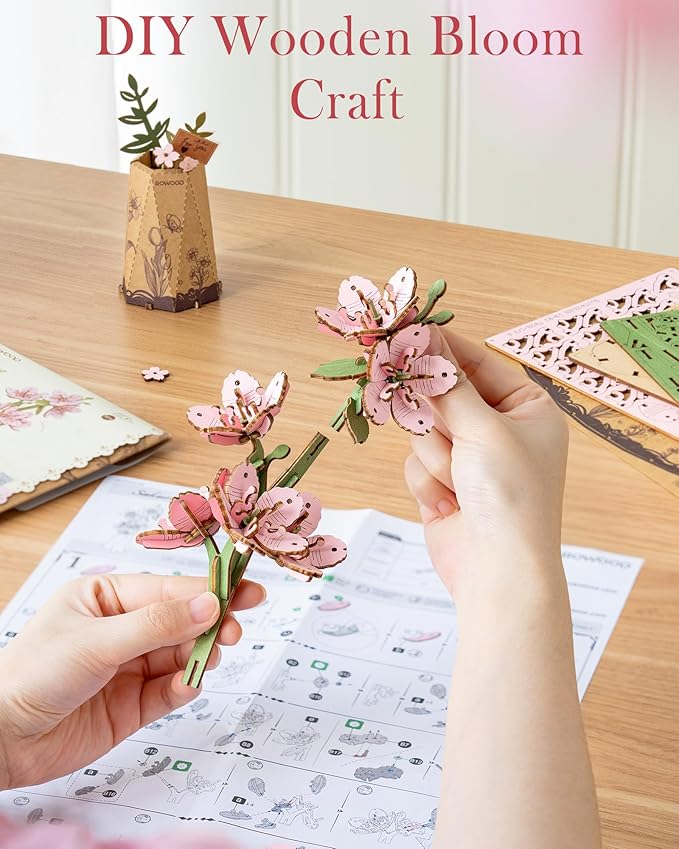 3D Flower Wooden Puzzles for Adults-Sakura, DIY Wooden Flowers Model Kit Building Set Crafts for Adults to Build, Botanical Collection/Ideal Creative Gift Ideas/Housewarming (113PCS)