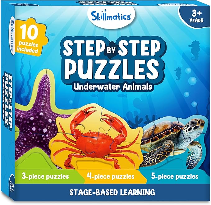 Skillmatics Step by Step Puzzles - 41 Piece Jigsaw & Toddler Puzzle, Montessori Educational Toy for Boys & Girls, Underwater Animals, Travel Friendly, Gifts for Kids Ages 3, 4, 5 and Up