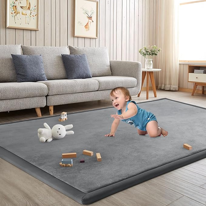 Baby Play Mat for Floor Tummy Time Nursery Rug Muscle Area Rug Playroom Rug Tatami Mat 6'7"x4'11" Memory Foam 1.3" Thick Crawling For Babies,Toddlers, Infants, Kids,Floor Mat(Grey)