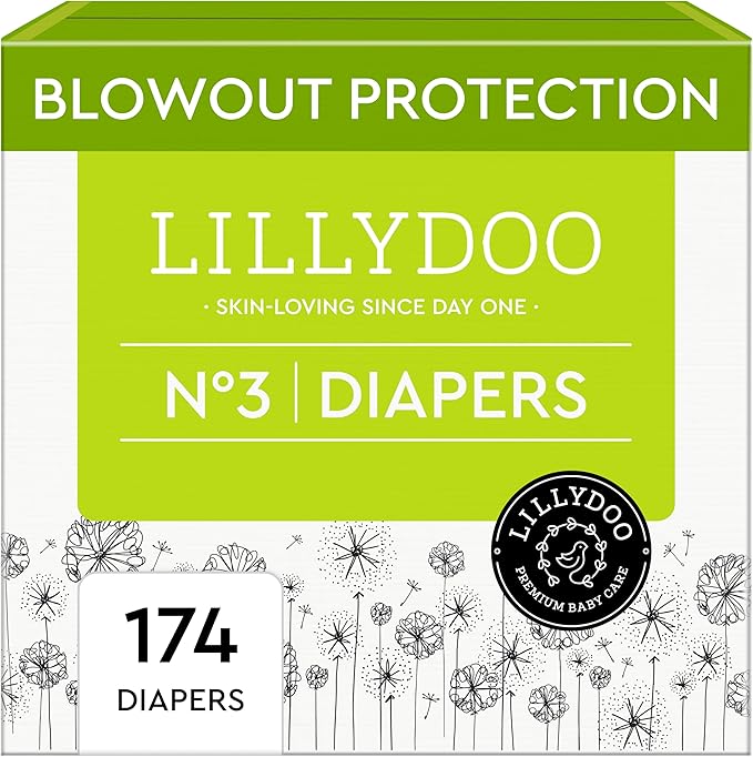 LILLYDOO Baby Diapers - Size 3 (13-22 lbs), Monthly Supply (174 Count), Leak Protection, Skin-Friendly, Ultrasoft, Perfume- & Chlorine-Free, Hypoallergenic, Dermatologist Tested, Oeko-TEX®