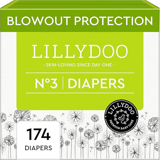 LILLYDOO Baby Diapers - Size 3 (13-22 lbs), Monthly Supply (174 Count), Leak Protection, Skin-Friendly, Ultrasoft, Perfume- & Chlorine-Free, Hypoallergenic, Dermatologist Tested, Oeko-TEX®