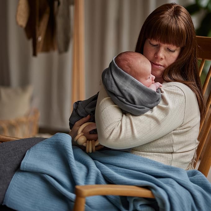 Knitted Organic Cotton Baby Blanket- Swaddle Blanket, 30" x 40" Soft Receiving Blanket for Newborn 2-Pack (Fog and Polar Blue)