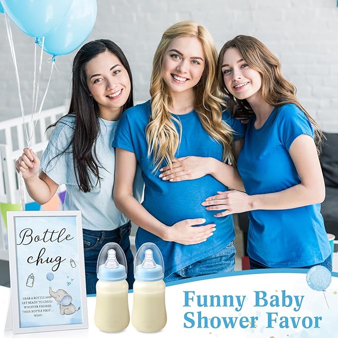 Roowest Bottle Chug Baby Shower Game Favors Including Blue Elephant Theme Wooden Sign and 18 Pcs Baby Bottles for Gender Reveal Party Supplies