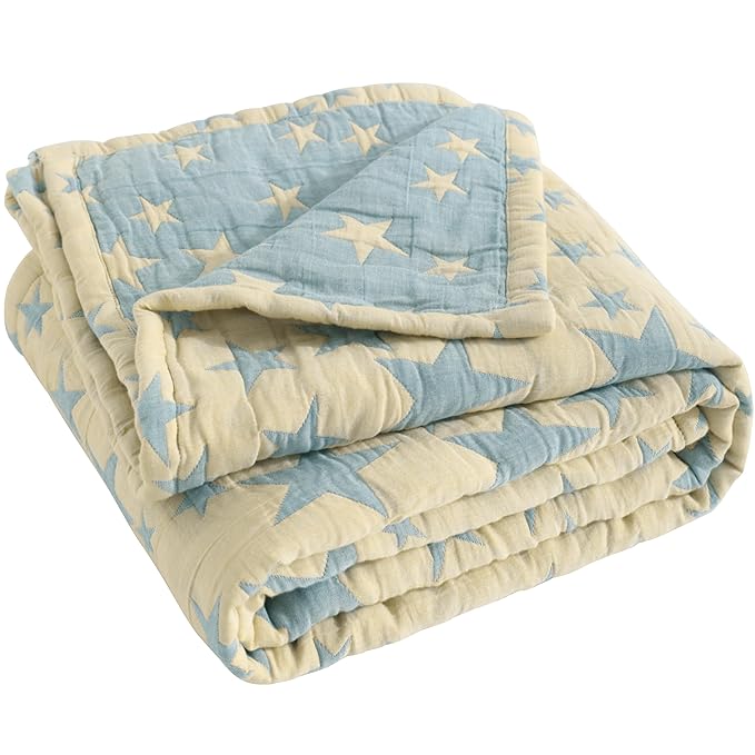 NTBAY 3 Layer Toddler Blanket, Muslin Cotton Jacquard Bed Blankets, Lightweight Thermal Baby Blanket, Super Soft and Warm Crib Blanket for All Seasons, Decoration Gift, 45"x60", Blue and Yellow Star