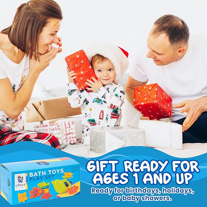 uToyz Bath Toys for Toddlers – Toddler Toys with 12pcs Rainbow Stacking Cups, Boats, & Dolphin-shaped Baby Watering Can, Baby Bath Gift & Toddler Toy for One Year Old Girl Gifts, Water Toy for Ages 1+