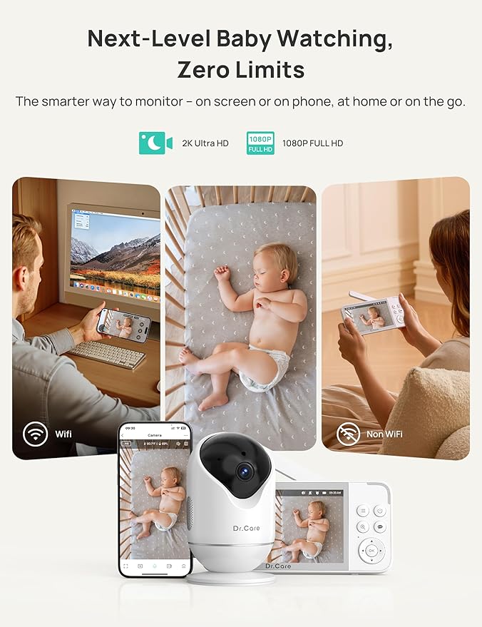 Dr.Care VistaView 5” Smart WiFi Baby Monitor with Clip Mount - 2K HD Camera, App Control, Cry & Motion Alerts, Night Vision, 5000mAh Battery, 2-Way Talk, Multi-User, Triple Security