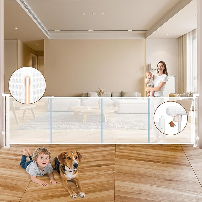 160" Retractable Baby Gate Extra Wide, 41" Tall Retractable Dog Gate for Stairs, Doorways, Decks, Mesh Gate Long Child Gate Pet Gate for Indoor, Outdoor, with Reinforced Mesh Rods, Dual Locks