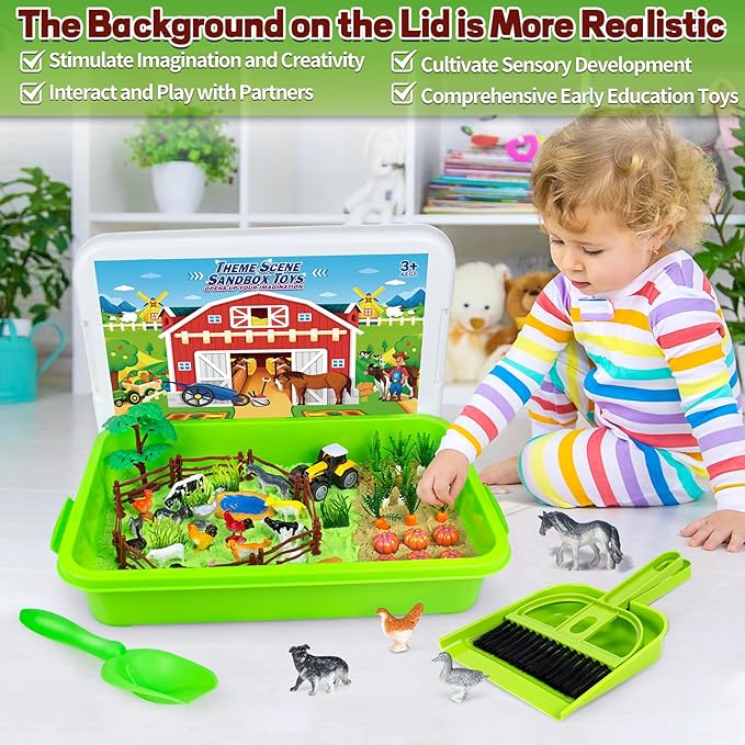 Sensory Bins Farm Animals Toys for Toddlers,Sensory Toys Play Sand Art Kit with Sandbox & Farm Animals & Tractor Playset,Indoor Outdoor Beach Toys for Boys Girls 3 4 5 6 7 Christmas Birthday Gift