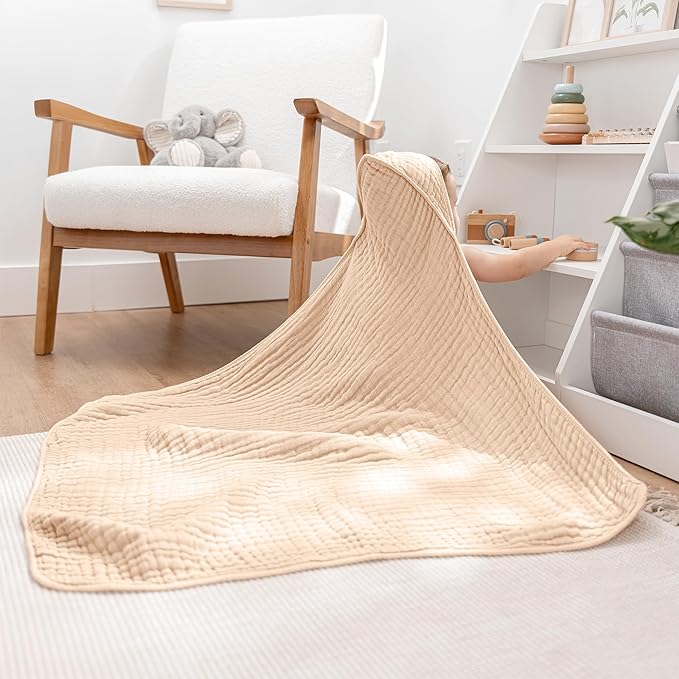 Comfy Cubs Hooded Baby Towel 2-Pack, Large 32 x 32 Inch - 6 Layer 100% Muslin Cotton for Babies, Toddlers and Kids - Soft & Absorbent Baby Bath Towels - Unisex Design for Bath Time - Cream