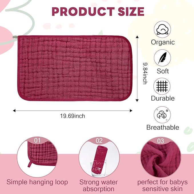 Tallew 8 Pack Muslin Burp Cloths and Baby Bibs for Boy Girl 20" x 10" Cotton Baby Bandana Drool Bibs Muslin Burp Cloths Absorbent Rag for Newborn Toddler Infant Gifts(Dark Pink)