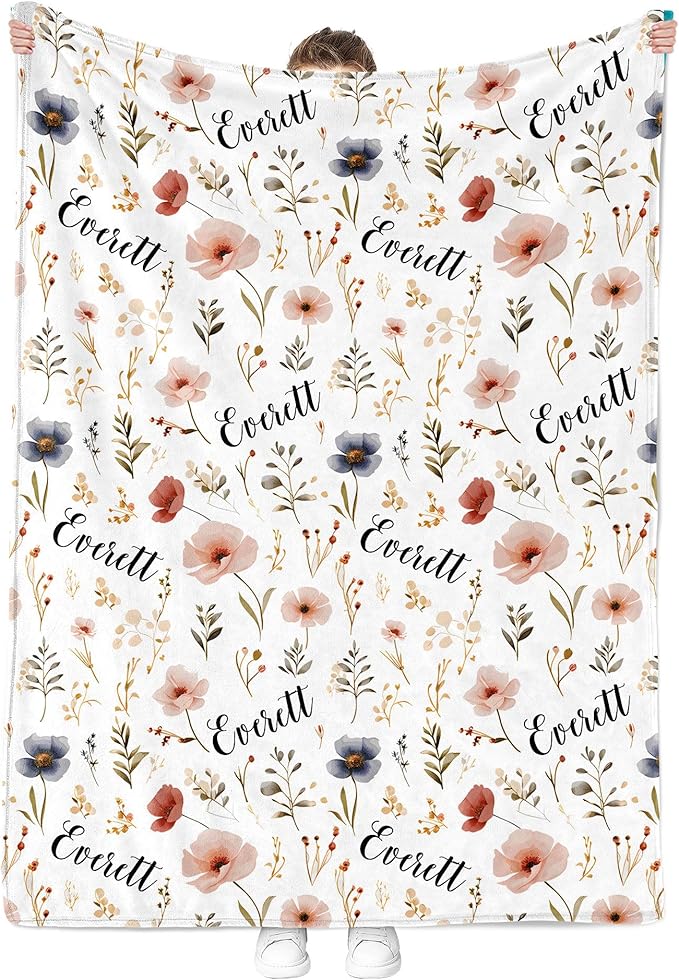 Custom Baby Blankets for Boys, Customized Baby Boy Gifts with Name, Personalized Baby Blankets, Soft Plush Fleece (Wildflower TM14)