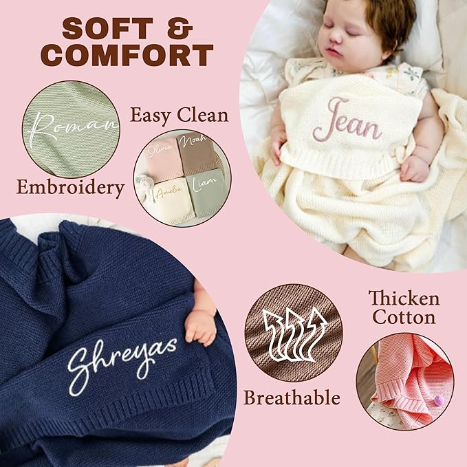 ONFAON Personalized Baby Blanket, Customized Swaddle Blanket Embroidered with Name, 30x40 inch Custom Blankets for Boys and Girls, Custom Gifts for Newborns, Baby Showers Birthday Christmas