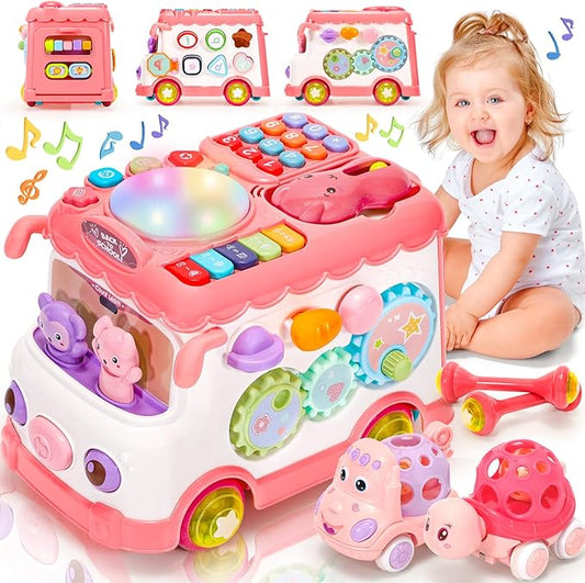 Baby Gift for 1-2 Year Old Girl, 10-in-1 Montessori Toys Bus for Baby 6-12-18 Months+, Educational Musical Sensory Learning Toddler Toys Age 1-2, First Christmas and Birthday Gifts Pink