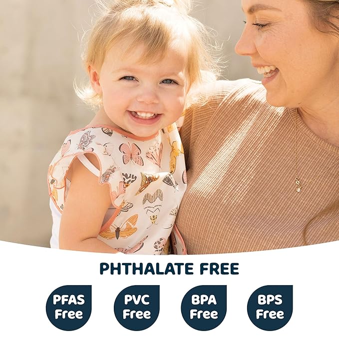 Tiny Twinkle Short Sleeve Apron Baby & Toddler Bib for Girls – Waterproof, Mess-Proof Bibs for Eating & Feeding, Machine Washable,Perfect Holiday Gift (Flutter, 6–24M)