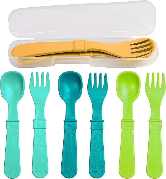 Re-Play Toddler Forks and Spoons Set - 4x4 Utensils Set for Kids - Dishwasher and Microwave Safe - Made in USA - Set of 8-5.8" x 1.2" x 0.2" - Aqua Asst