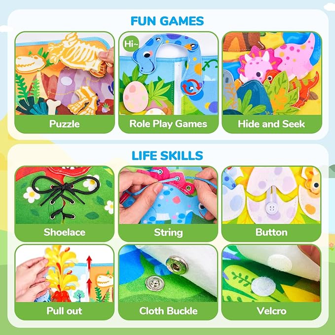 JoyCat Toddler Dinosaur Busy Book, Busy Board for 2 3 4 5Year Old -Travel Toy Quiet Activity Book, Life Skills & Fun Games - Autism Sensory Toy, Toddler Easter Basket Stuffers Gifts