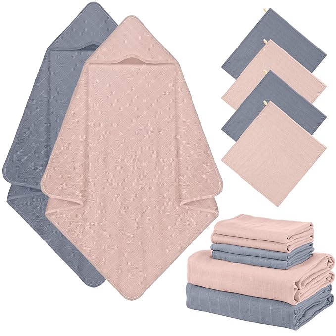 Preboun 6 Pcs Muslin Hooded Baby Towels and Washcloths 32"x 32" Cotton Newborn Bath Towel Anti-Shrink Infant Baby Blankets with Hood 12"x 12" Washcloths for Girl Boy Toddler(Blue,Light Purple)