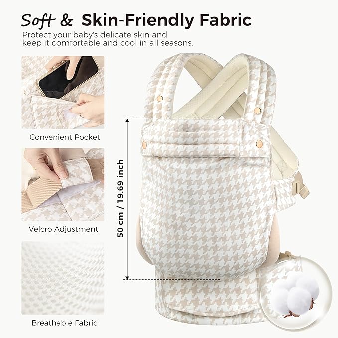 Baby Carrier Newborn to Toddler- Ergonomic,Cozy and Lightweight Infant Carrier for 7-40lbs,3 Carry Positions Newborn Carrier,White Houndstooth