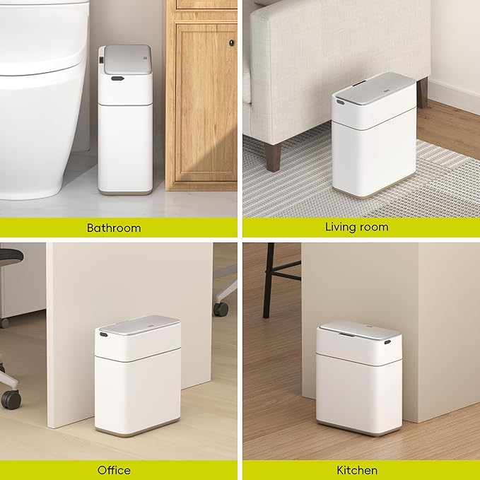 EKO Automatic Bathroom Trash Can with Lid, 2.1 Gallon Touchless Garbage Bin with Removable Bucket, Slim Stainless Steel Garbage Bin, Motion Sensor Trash Can for Bathroom, Bedroom, Office, White