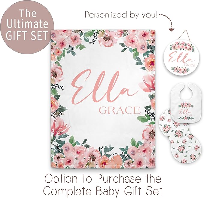 Girls Love A Monogram - Personalzied Custom Pink Floral Baby Blankets for Girls with Name - Personalized Girl Shower Gifts (Pink Blushing 2, 30 X 40 Baby)