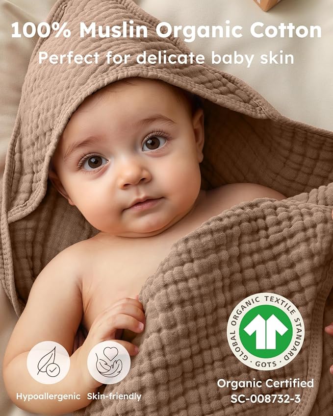 Yoofoss Hooded Baby Towels for Newborn 2 Pack 100% Muslin Organic Cotton Baby Bath Towel with Hood for Babies, Infant, Toddler and Kids, 37.5“x37.5“, Soft and Absorbent Newborn Essential, Beige&Coffee