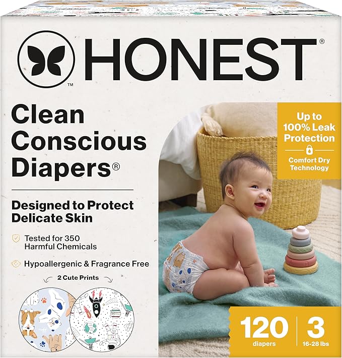 The Honest Company Clean Conscious Diapers for Sensitive Skin, Up to 100% Leakproof Hypoallergenic Fragrance-Free Baby Diapers, Gender Neutral Prints, Super Club Box, Size 3 (16–28 lbs), 120 Count