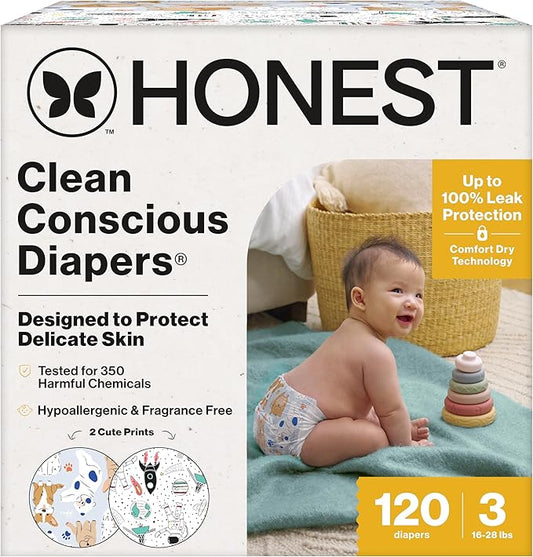 The Honest Company Clean Conscious Diapers for Sensitive Skin, Up to 100% Leakproof Hypoallergenic Fragrance-Free Baby Diapers, Gender Neutral Prints, Super Club Box, Size 3 (16–28 lbs), 120 Count