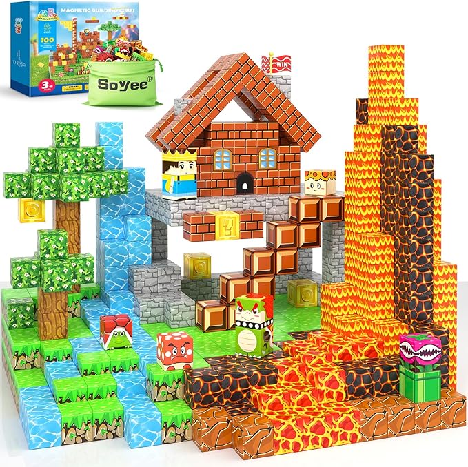 100pcs Magnetic Blocks - Build Mine Magnet World Game Adventure Set STEM Building Toys for Kids 3+ Years Old 1” Magnetic Cubes for Boys Toddler Boy Gifts Toys for Ages 3-5 5-7 8-12
