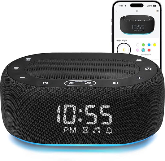 1Mii White Noise Sound Machine for Sleep, Pink Noise Machine for Baby Adults Sleeping, 18 Soothing Sounds with 7-Color Night Light, Timer, Alarm Clock, Volume Control, Remote App Control - Black