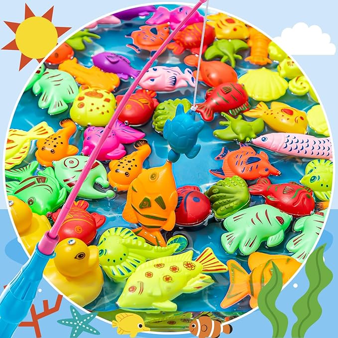 62Pcs Magnetic Fishing Game for Kids, Bathtub Kiddie Party Toy, Plastic Floating Fish with Pole Rod Net, Bath Toys for Kids Ages 4-8