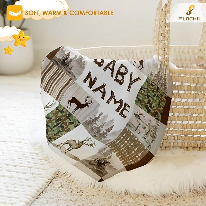 FLOCHIL Personalized Baby Blankets, Custom Baby Blanket - Baby Blanket with Name for Boys, Best Gift for Newborn Elephants Flush Fleece (30x40) (Deer)