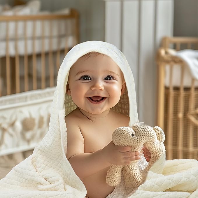 ORIGINAL KIDS Hooded Baby Towel - 100% Cotton Luxurious Jacquard Velour Baby Bath Towel with Hood - Boys Girls Infant Toddler - 550 GSM Soft Absorbent Newborn Bath Essentials - Large 30x30 - Ivory