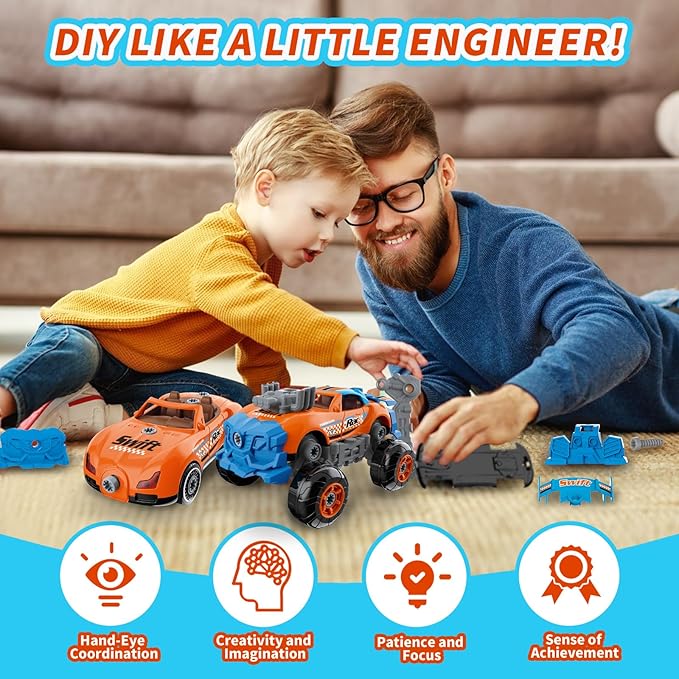 3-in-1 Take Apart Car for Boys Ages 3 4 5 6 7, Building Toys with Electric Drill, 43 Pcs Construction Toy Truck, Build Your Own Car with Play Tools, Ideal STEM Gift for Kids Children (Orange)