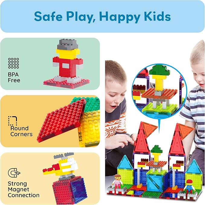 PicassoTiles Magnetic Building Blocks Brick Tiles STEM Creative Magnet Tiles Add Ons Set Construction Toy Socket Spikes Accessory Toys Educational Imaginative Learning Kit Stacking Set Toddlers Colors