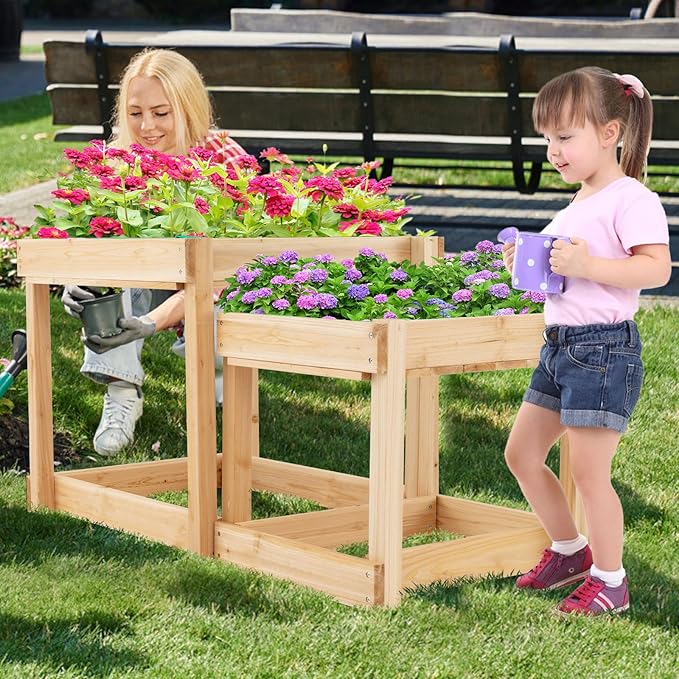 Costzon 2 PCS Wood Kids Sensory Table with Protective Cover, Built-in Liner, Space-Saving Nesting Design for Yard, Garden, Beach, Outdoor Play, Sand and Water Table for Children