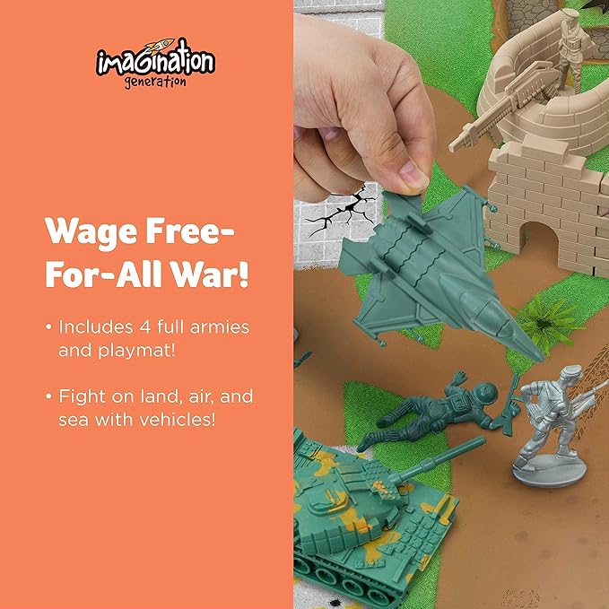 Imagination Generation Army Men Big Battle Playset Deluxe Army Toys and Green Army Men - Set Includes Tan and Green Army Men, Tanks, Jets, Walls, Helis, Battlefield Mat and More (260 pcs)